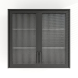 English Elm Retro Wall-Mounted Cabinet with Hazy Tempered Glass Doors, 2 Adjustable Shelves, Steel Black Finish W2378P176274