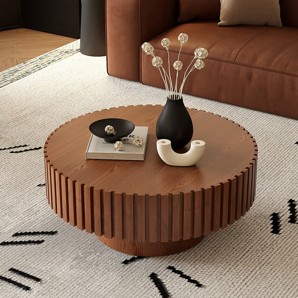 English Elm Round Handcrafted Olive-Shaped Coffee Table with Sturdy MDF Pedestal, Ready-to-Use Living Room Accent Natural Wood W3081P255076