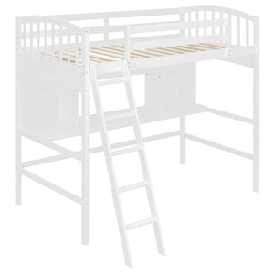 English Elm Twin Loft Bed with Built-in Desk Corner Shelves and Ladder Solid Pine White Frame LT100140KAA