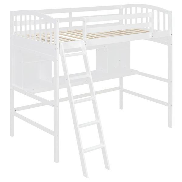 English Elm Twin Loft Bed with Built-in Desk Corner Shelves and Ladder Solid Pine White Frame LT100140KAA