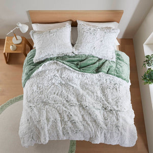 English Elm 3 Piece Shaggy Faux Fur Comforter Set Plush Lodge Style Hypoallergenic Bedding White+Green B035P319584