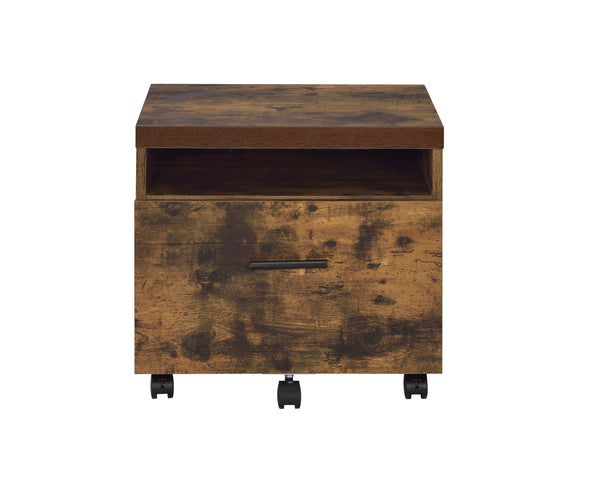 English Elm Bob Weathered Oak File Cabinet with Black Metal Legs, Lockable Drawer, Open Shelf & Caster Wheels B2726P277140