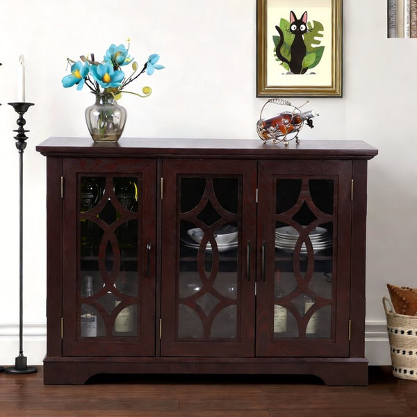 English Elm 48.66" Wide Tempered Glass Door Buffet Sideboard with Adjustable Shelves Dark Finish Ox Blood Red W2899P372746