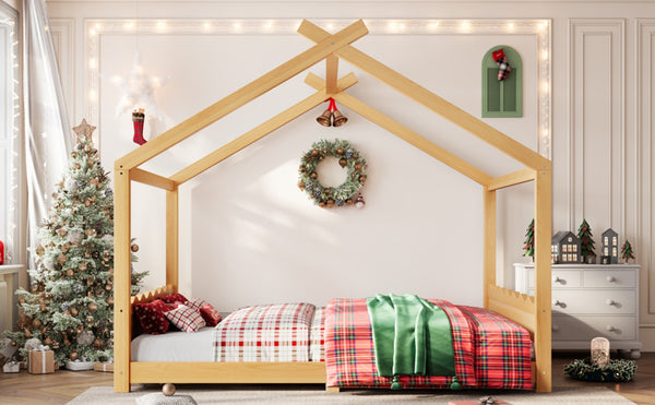 English Elm Queen House Frame Floor Bed Solid Pine Montessori Low Profile Kids Bedroom Natural W1580P387849
