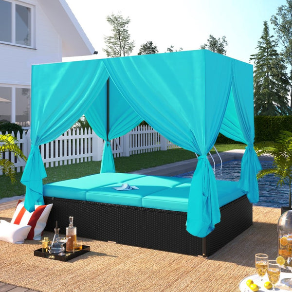 English Elm U_style Outdoor Double Daybed Resort Canopy Lounge with Steel Frame and Adjustable Backrests Blue WY000476AAC