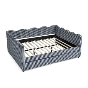 English Elm Queen Gingham Linen Daybed with Wave Backrest Two Storage Drawers and Usb Port Navy Blue W1413S00152