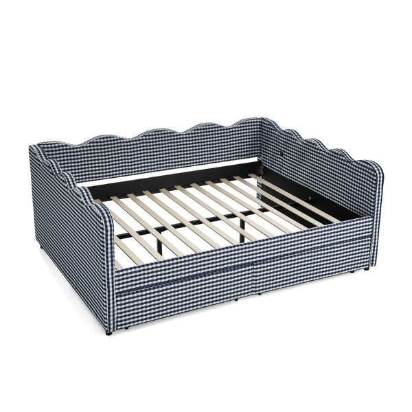 English Elm Queen Gingham Linen Daybed with Wave Backrest Two Storage Drawers and Usb Port Navy Blue W1413S00152