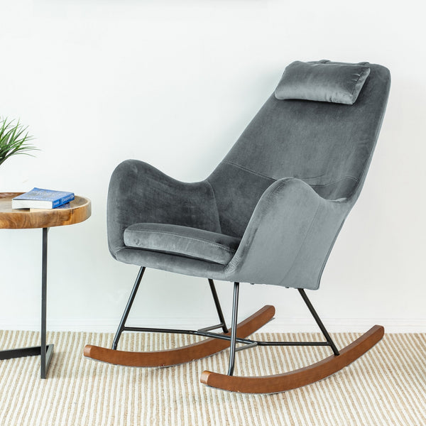 English Elm Ashcroft Furniture - Hannah Mid Century Rocking Chair Dark Grey Velvet Upholstered Metal & Wood Frame — Cozy Calm Retreat B183P231906