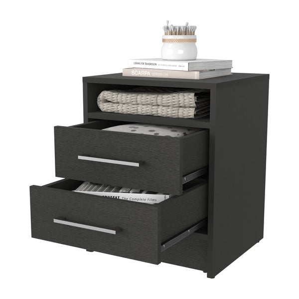English Elm Wenge Two-Drawer Nightstand with Open Shelf, Smooth-Glide Rails, Durable Melamine, Compact 23.6"H B062P230638