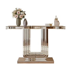 English Elm Mirrored Console Table Silver Glam Entryway Piece with Geometric U Base and Etched Detail W1445P370476