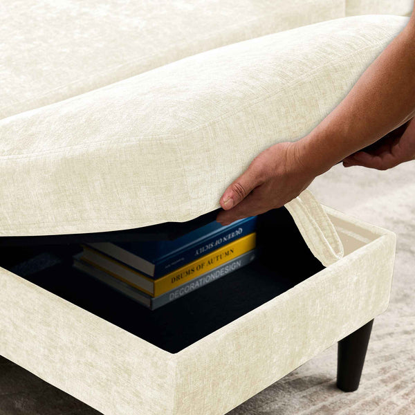 English Elm Modern Chenille 3-Seat L-Shape Sectional Sofa with Storage Chaise, High-Resilience Foam Comfort, Off-White Finish for Apartment Studio Living Room Office Compact Spaces W1164P212157