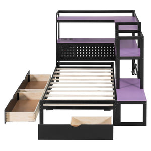 English Elm Twin Gaming Daybed with Led Strips Desk Pegboard Bookcase and Three Storage Drawers Purple+Black N820S00083I