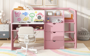 English Elm Full Size Low Loft Bed With Desk, Storage, Bookcase & Fun Whiteboard For Kids - Pink Design N7090005005H