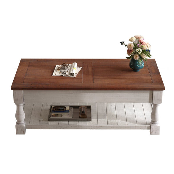 English Elm Farmhouse Coffee Table Solid Planked Wood with Open Shelf Square Baluster Living Room Antique Espresso,Antique White W1445P362858