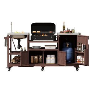 English Elm K&k Solid Fir Outdoor Kitchen Island with Sink Stainless Steel Top and Grill Cutout Brown N707S000022Z