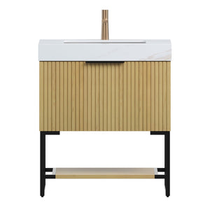 English Elm Yolan 30 Inch Freestanding Bathroom Vanity Plywood Cabinet Sintered Stone Top Oak Finish Black,Carrara White,Golden Oak W2615S00650