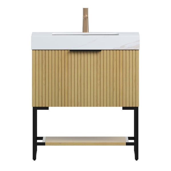 English Elm Yolan 30 Inch Freestanding Bathroom Vanity Plywood Cabinet Sintered Stone Top Oak Finish Black,Carrara White,Golden Oak W2615S00650