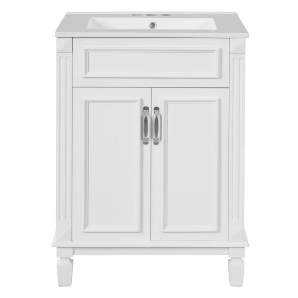 English Elm 24'' Bathroom Vanity with Sink - Solid Wood Frame, Glossy Ceramic Basin, Soft-Close Doors & Ample Storage Elegant Modern Design, Durable MDF Construction, Retro Metal Handles, Compact 24-inch Cabinet White N710P317675K