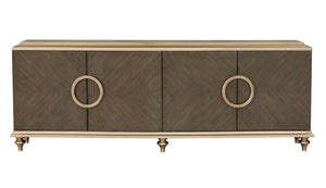 English Elm Ashtin Brown Finish Console Cabinet with Oversize Handles, Turned Wood Legs, 4-Door Storage, 70lb Top Limit B2726P285787