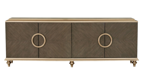 English Elm Ashtin Brown Finish Console Cabinet with Oversize Handles, Turned Wood Legs, 4-Door Storage, 70lb Top Limit B2726P285787