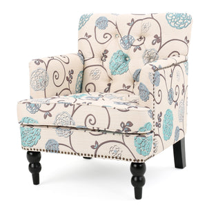 English Elm Christopher Knight Home® - HARRISON Tufted Club Chair with Diamond-Stitched Back, Nailhead Trim and Turned Birch Legs for Comfort and Style White+Blue 53444.00FWBLU