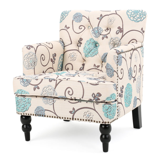 English Elm Christopher Knight Home® - HARRISON Tufted Club Chair with Diamond-Stitched Back, Nailhead Trim and Turned Birch Legs for Comfort and Style White+Blue 53444.00FWBLU