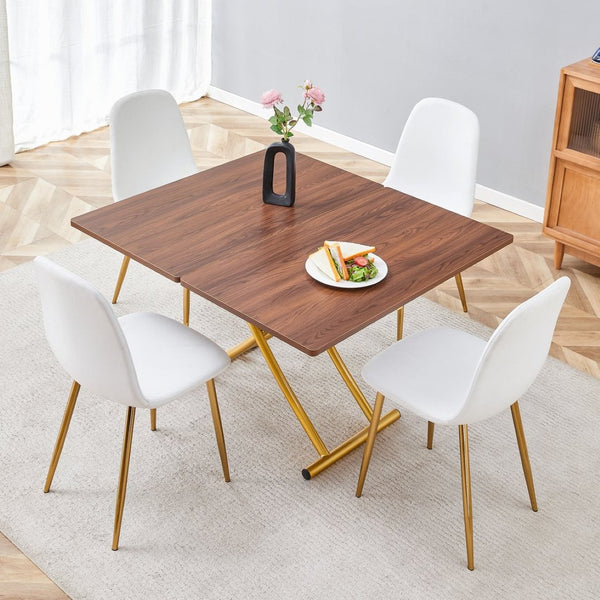 English Elm Table and Chair Set Adjustable Height Mdf Wood Grain Top with Four Linen Dining Chairs Golden+White W1151S03784