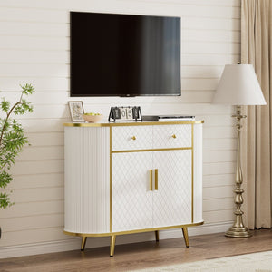 English Elm Luxury Fluted Curved Sideboard with Golden Legs Sculptural White Storage for Entryway T3773P417294