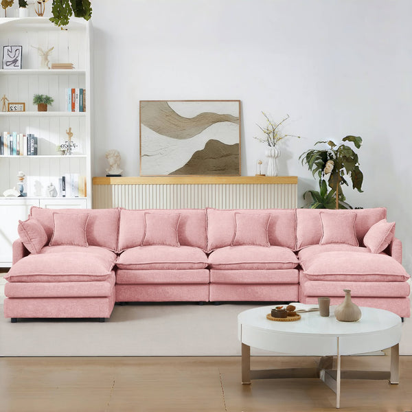 English Elm Modular U-Shaped Sectional Sofa, 4-Seater Pink Chenille Couch With Movable Ottomans For Custom Comfort W1359S00037