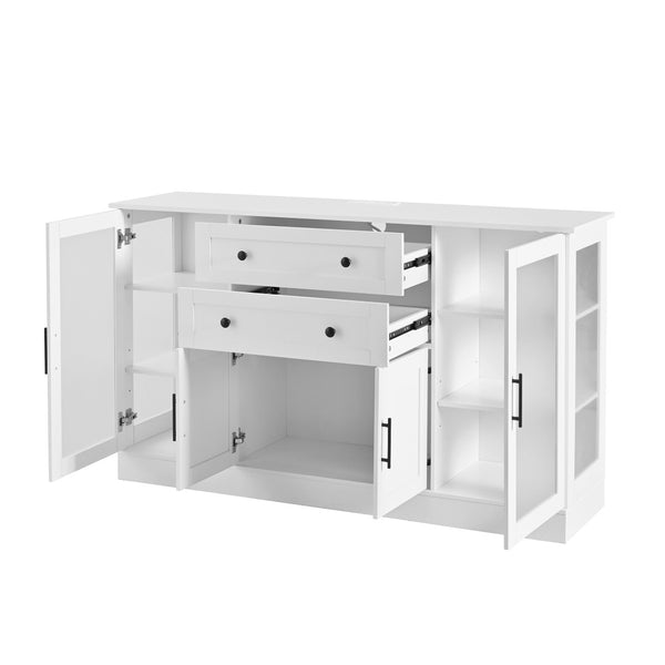 English Elm U-style Modern Buffet Sideboard with Acrylic Doors Power Outlet and Adjustable Storage White N711P437648K