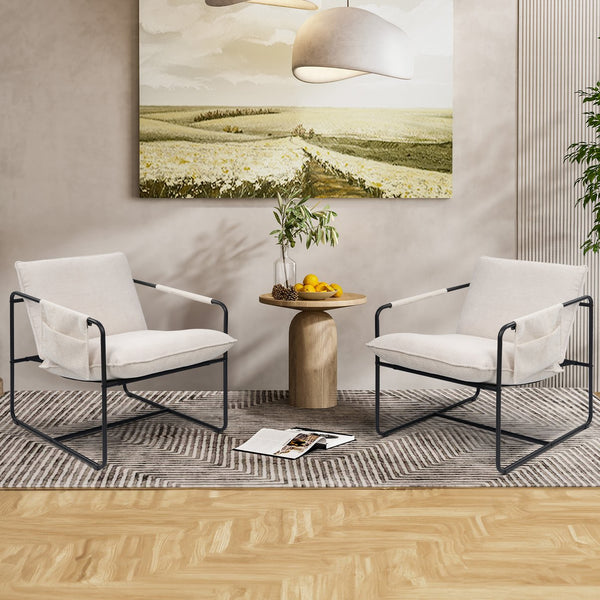 English Elm Accent Chair Mid-Century Rattan Arms Set of 2 with Rubber Wood Legs, Plush Fabric Seat, Cozy Lounge White T3950P397484