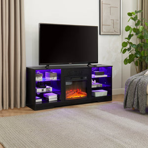 English Elm TV 58" Electric Fireplace TV Stand with LED 3D Flames, USB Charging, Ample Storage & Cable Management Black W1758P210371