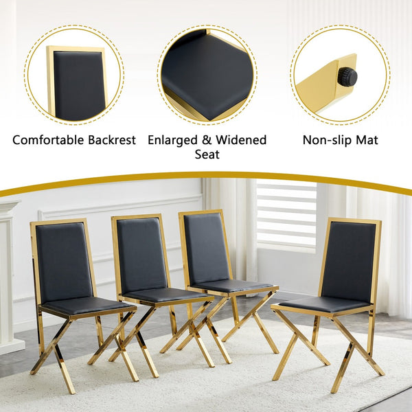 English Elm Table and Chair Set 7 Piece Round Walnut Mdf Industrial Dining with Pu Seats Black+Gold,Transparent W1151S04790