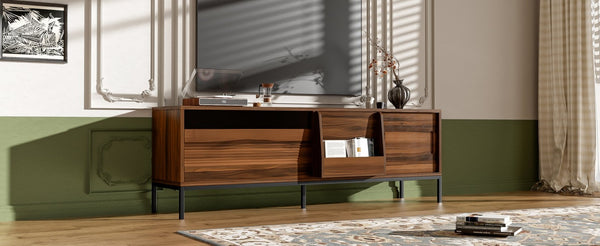 English Elm U-can Mid Century Walnut Media Console with Sliding Doors and Metal Frame for Living Rooms Brown N724P360370D
