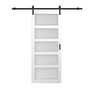 English Elm 30 in Matte Black Steel Sliding Barn Door Frosted Glass Privacy Panel with Hardware B2763P483230