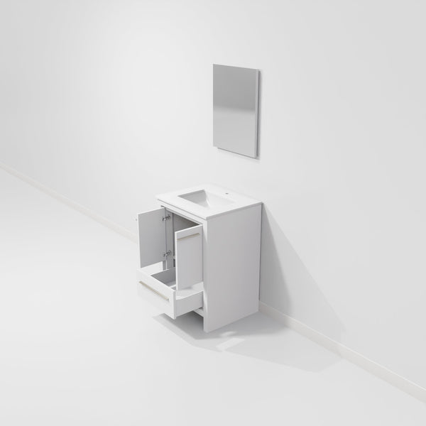 English Elm White Bath Vanity 24" W x 20" D with White Quartz Top, Soft-Close Storage & 18" x 24" Mirror B2731S01477