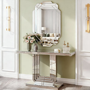 English Elm Mirrored Console Table Silver Glam Entryway Piece with Geometric U Base and Etched Detail W1445P370476