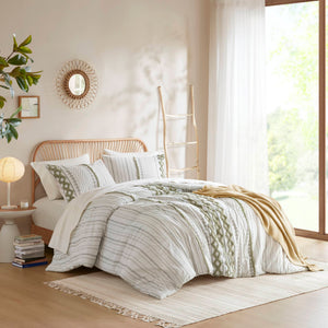 English Elm 3 Pcs King/Cal King Chenille Cotton Comforter Set In Sage/Ivory For Luxurious Bedroom Style B035P319204
