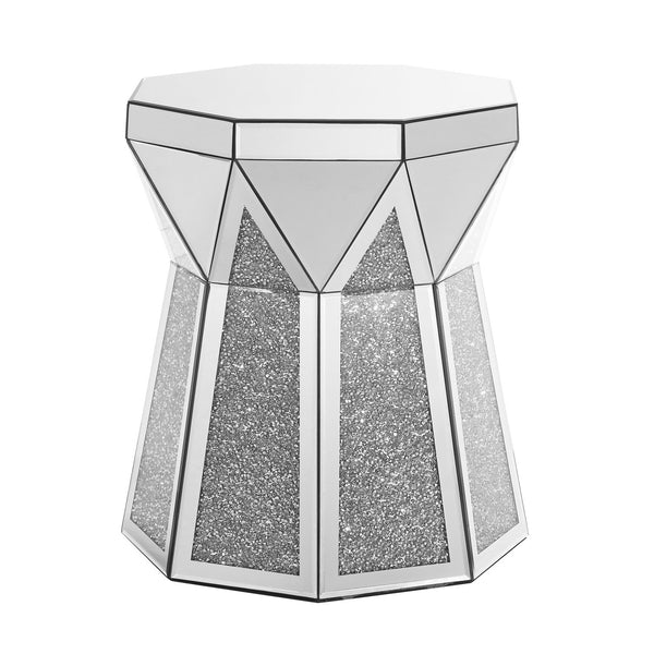 English Elm Drum Art Deco Mirror Table with Crushed Crystal Inlay, Silver Mirrored Drum Accent for Living Room W1005P190409