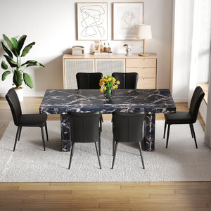 English Elm Table and Chair Set Seats Six with Marble Pattern Mdf Top and Pu Leather Dining Chairs W1151S04138