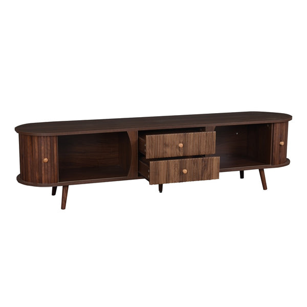 English Elm 70 Inch Mid Century Media Console with Tambour Doors Fluted Drawers and Wood Legs N710P419840P