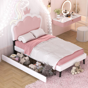 English Elm Twin Size Upholstered Princess Bed With Crown Headboard and 2 Drawers,Twin Size Platform Bed With Headboard and Footboard, Pink+White