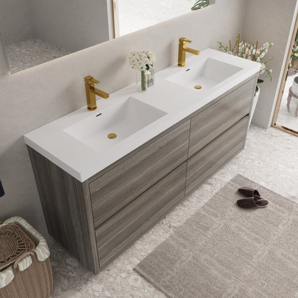 English Elm 72'' Floating Double Vanity Smoked Walnut Fluted Mdf Cabinet with Quartz Basins Grey Ash W1920P385562