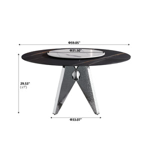 English Elm 59.05" Round Marble Dining Table With Silver Stainless Steel Base & 31.5" Lazy Susan For 6-8 Guests W1535S00393