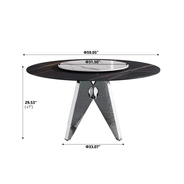 English Elm 59.05" Round Marble Dining Table With Silver Stainless Steel Base & 31.5" Lazy Susan For 6-8 Guests W1535S00393
