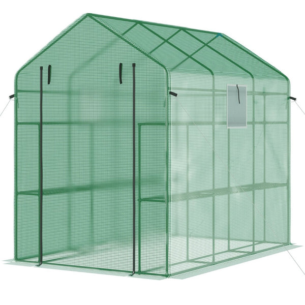 English Elm Outsunny Walk-in Lean-to Greenhouse with Pe Cover Roll-up Window and Ground Stakes W2225P217965