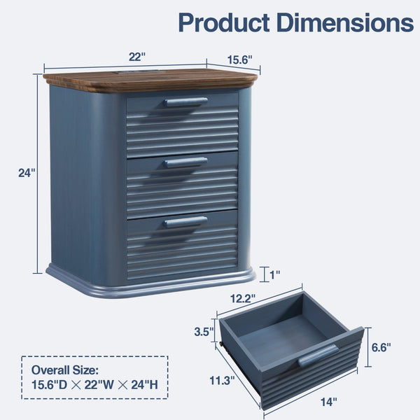 English Elm 22" Fluted Wood Nightstand with Built-in Charging Station Three Drawer Bedside Storage Navy Blue T5326P431149