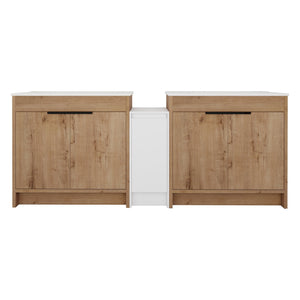 English Elm 84 Inch Freestanding Bathroom Vanity with Integrated Resin Sink, Soft-Close Doors, Shelves & Extra Storage Space Glossy White,Imitative Oak W999S00325