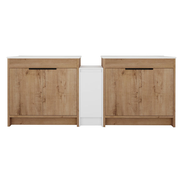 English Elm 84 Inch Freestanding Bathroom Vanity with Integrated Resin Sink, Soft-Close Doors, Shelves & Extra Storage Space Glossy White,Imitative Oak W999S00325