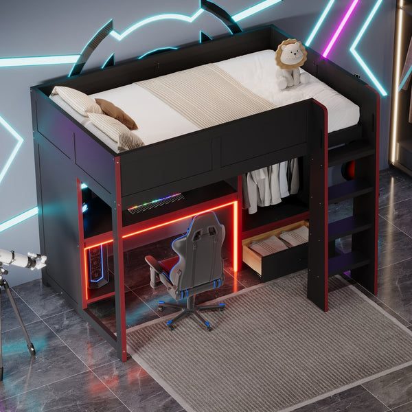 English Elm Wood Twin Gaming Loft Bed with Desk, Wardrobe, LED Lighting & Drawer — Space-Saving Black Red Accent, 400lb Capacity N7090004010B